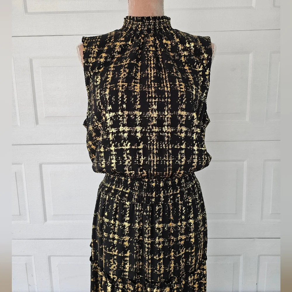 MSK XL Metallic Gold Black Maxi Dress | Boho Glam Tiered Skirt | Holiday Party